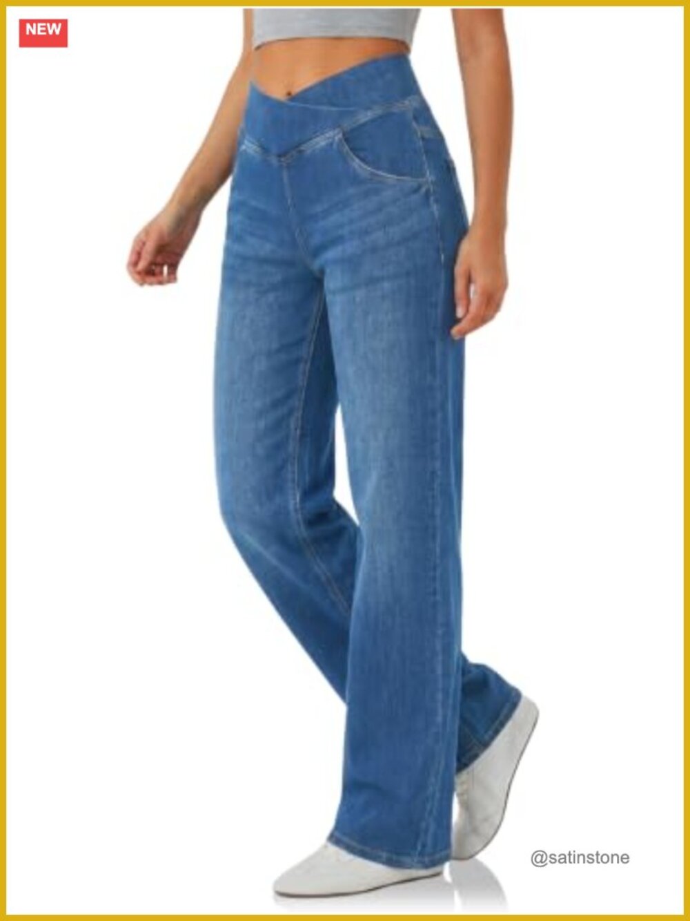High Waisted Wide Leg Crossover Jeans Stretchy Knit Denim Pull On